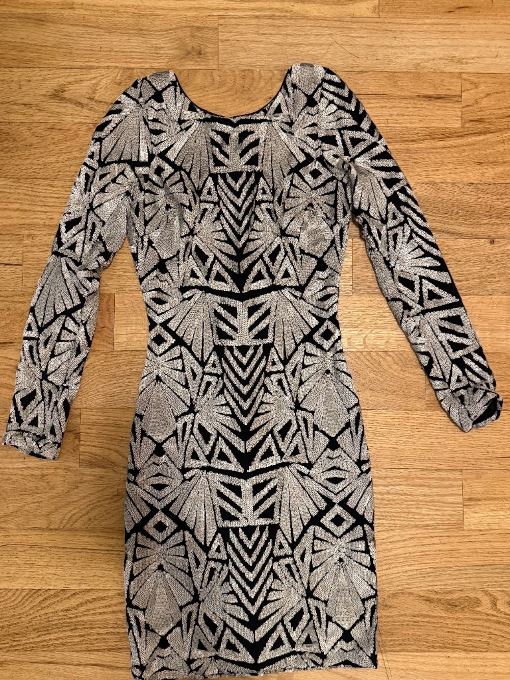 Dress the Population Black Silver Sequin Art Deco Mini Dress Long Sleeve M